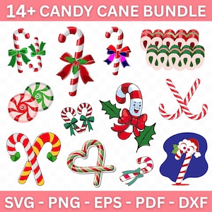 Puede incluir: Una colección de más de 14 diseños de bastones de caramelo en varios estilos. La imagen incluye bastones de caramelo a rayas rojas y blancas con lazos, acebo verde y un personaje de bastón de caramelo sonriente. El texto "14+ CANDY CANE BUNDLE" está en la parte superior.