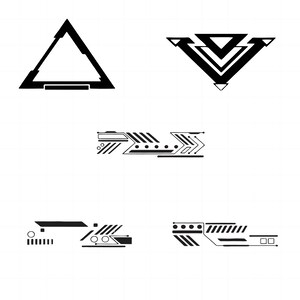 May include: A set of four black and white geometric designs. The designs are abstract and modern, featuring triangles, arrows, and lines.