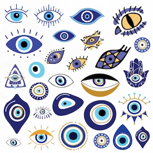 May include: A collection of various blue and white evil eye designs. The illustrations include different eye shapes, a Hamsa hand, and a triangle with an eye. Some eyes have gold and yellow accents.