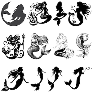 May include: A collection of black and white mermaid illustrations in various poses. Some mermaids have flowing hair, while others are depicted with crowns or holding objects. The designs range from simple silhouettes to detailed drawings.