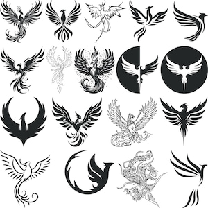 May include: A collection of 18 black and white vector illustrations of phoenixes in various poses. The phoenixes are depicted in a stylised, graphic design style.