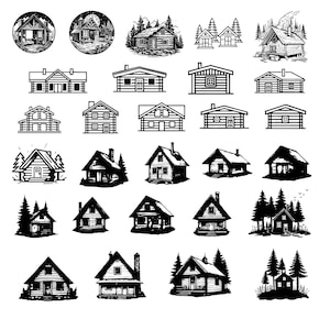 Pode incluir: Uma coleção de 25 ilustrações em preto e branco de vários designs de cabanas e casas. As ilustrações são em um estilo simples e desenhado à mão.