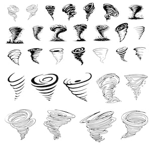 Puede incluir: Una colección de ilustraciones en blanco y negro de tornados y trombas. Las ilustraciones son de varios estilos, algunas son simples y otras más detalladas.