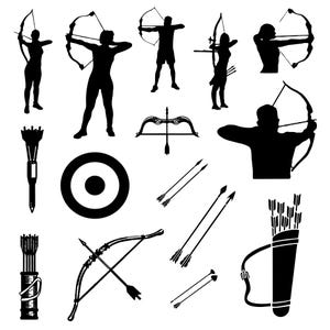 Puede incluir: Ilustración vectorial en blanco y negro con equipos de tiro con arco y arqueros en varias poses. Incluye arcos, flechas, carcajs, una diana y una antorcha. Los arqueros se representan como siluetas.