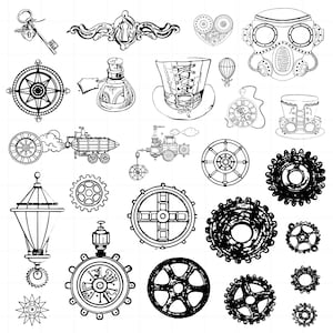 May include: A collection of black and white illustrations of steampunk-themed designs, including gears, a compass, a top hat, a gas mask, a key, a bottle, and a hot air balloon.