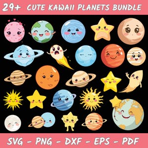 Op de afbeelding: Een verzameling van 29+ schattige kawaii planeet illustraties. De planeten omvatten lachende sterren, manen en planeten met ringen, in tinten blauw, oranje, geel en roze. De tekst bovenaan luidt "29+ CUTE KAWAII PLANETS BUNDLE".