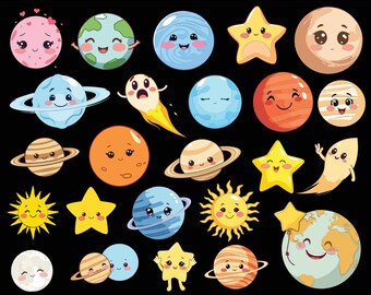 Cute Planets Kawaii PNG & SVG Bundle Graphic Digital Download Image Transparent Background, Clip Art, File Format, T-Shirt Design