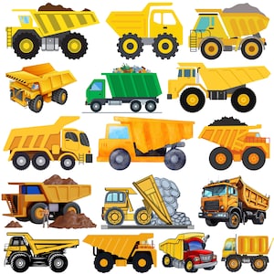 May include: A collection of 14 cartoon illustrations of yellow dump trucks with various cargo loads, including dirt, rocks, and logs. The trucks are all different sizes and styles, and some have different features, such as a crane or a shovel.