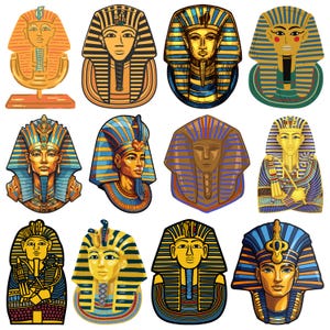May include: A set of 10 colorful illustrations of pharaohs wearing traditional Egyptian headdresses. The pharaohs are depicted in a variety of poses and expressions, with intricate details in their clothing and jewelry.