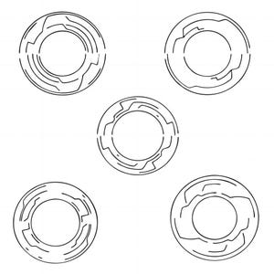 May include: Five black and white circular designs with a ring in the center. Each design has a different pattern of lines and curves.