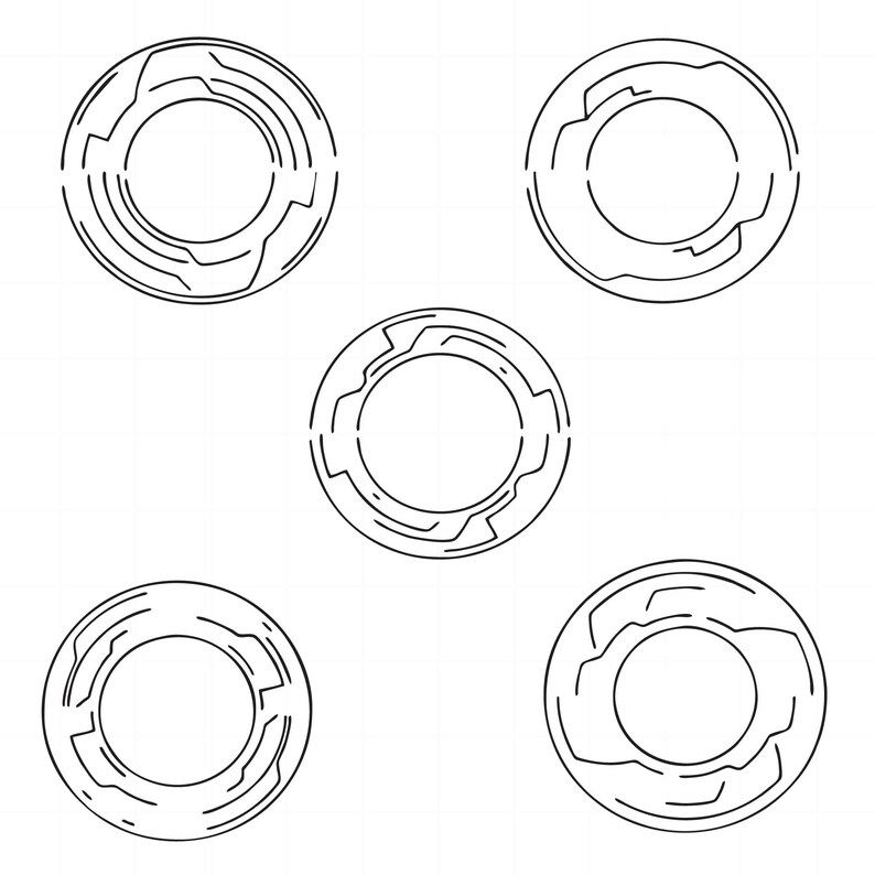 May include: Five black and white circular designs with a ring in the center. Each design has a different pattern of lines and curves.