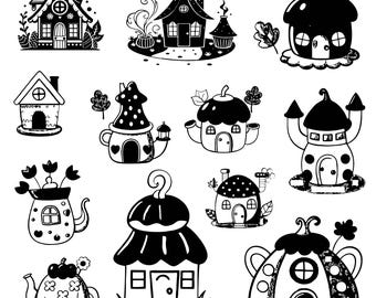 Fairy House Svg Bundle, Fairy House Clipart, Magical Fairy House Vector, Mini House Decal, Fairy House Cut Files, Little House Silhouette.
