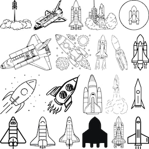 May include: A black and white illustration of various spacecrafts, including rockets, shuttles, and spaceships. The illustration features a variety of designs, including classic rocket shapes, futuristic shuttles, and sleek spaceships.