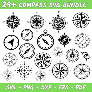 Könnte beinhalten: Eine Sammlung von 29+ schwarz-weißen Kompassdesigns in verschiedenen Stilen. Das Bild enthält Kompassrosen-Illustrationen mit Richtungsmarkierungen und den Text "29+ COMPASS SVG BUNDLE" sowie Dateitypoptionen.