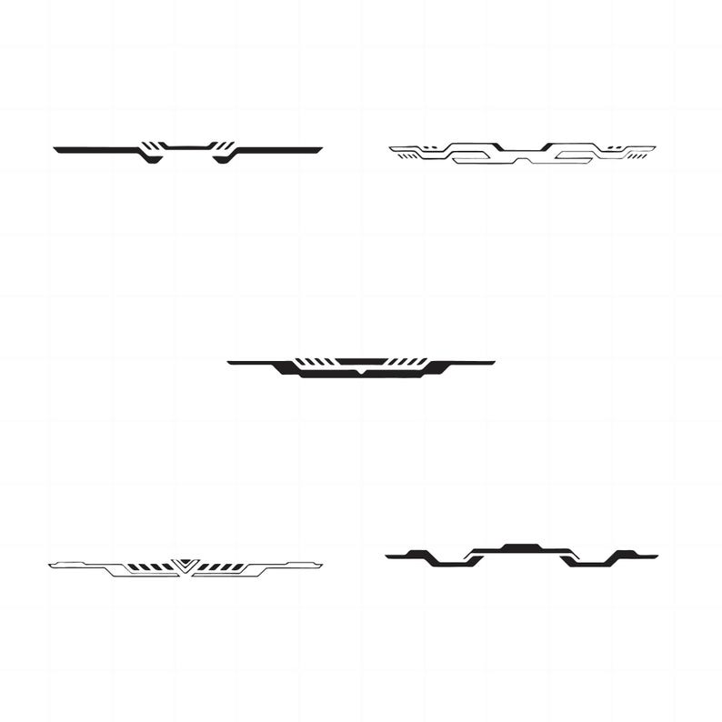 May include: Four different black and white graphic design elements, each with a unique shape and pattern. These elements could be used as dividers or borders for a website or social media post.