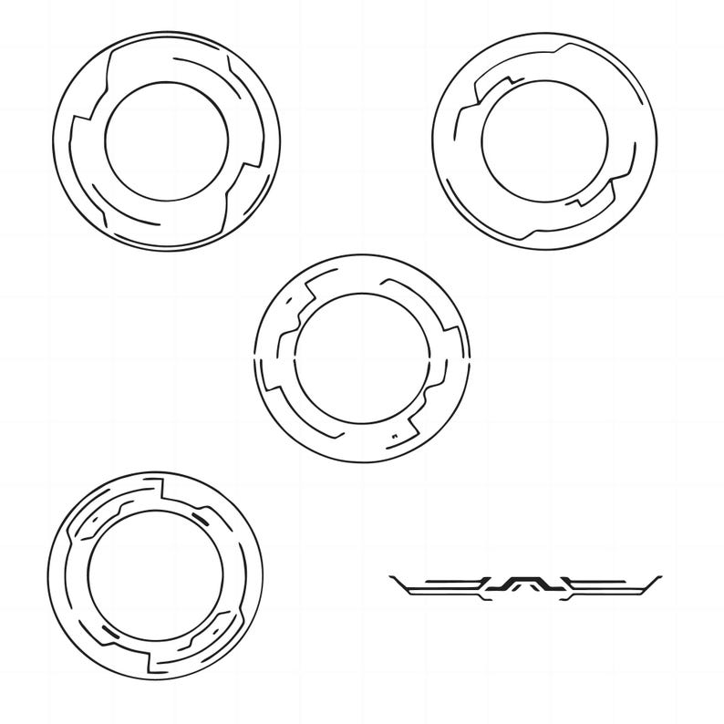 May include: Five black and white circular designs with a futuristic, tech-inspired look. The designs are similar to a target or bullseye, but with a more intricate pattern. The bottom design is a horizontal line with a zig-zag pattern.