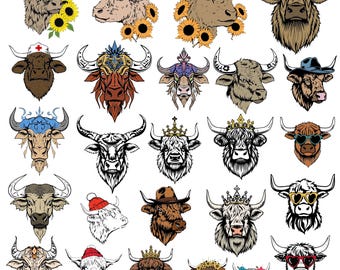 Highland Cow svg Bundle, Cow Clipart, FLoral Cow Vector, Cow with Crown Decal, Funny Cow Cut Files, Bull Fashion Silhouette, Cow Head Svg.