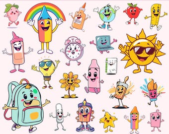 Back to school retro clipart bundle, positive vibes vector set, school supplies sublimation designs, Groovy teacher PNG, SVG, PNG
