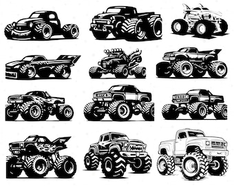Pacchetto Monster Truck Svg, Clipart Monster Truck, Monster Truck per bambini, SVG camion, maglietta Monster Truck, Silhouette, JPG, DXF, download istantanei
