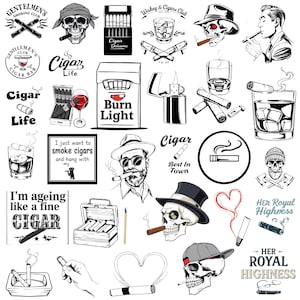 Puede incluir: Una colección de ilustraciones en blanco y negro con cigarros, calaveras y otras imágenes relacionadas con el tabaco. Las ilustraciones incluyen texto como "Cigar Life", "Burn Light", "Best In Town" y "Her Royal Highness".