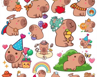 かわいいカピバラ PNG、カピバラ SVG バンドル、面白いカピバラ クリップアート、アニメ漫画デジタル ステッカー、クリカット用ファイル、かわいい動物イラスト セット