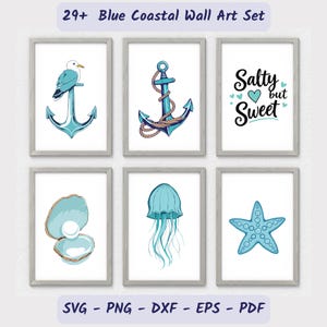 Blue Coastal Wall Art Set, Beachy Aesthetic Digital Prints, Beach Preppy Girls Dorm Room, Trendy Poster Set, Printable Gallery Wall Set
