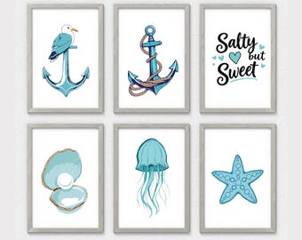 Blue Coastal Wall Art Set, Beachy Aesthetic Digital Prints, Beach Preppy Girls Dorm Room, Trendy Poster Set, Printable Gallery Wall Set