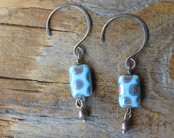 Polka Dot Sky Blue and Silver Czech Glass Earrings with Silver Beads