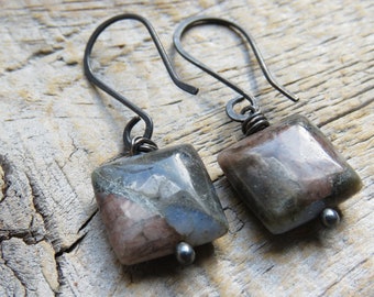 Gray-Rose Agate Squares on Oxidized Sterling Silver Ear Wire Earrings