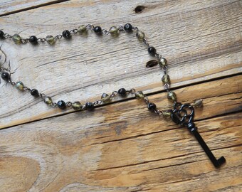 Shiny Black Key with Clear Taupe and Black Czech Glass Beads Necklace