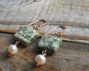 Dangly Square Rhyolite and White Pearl Earrings on Copper Ear Hooks