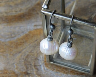 White Baroque Pearl and Matte Silver Ear Wire Earrings