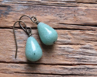 Amazonite Teardrop on Brass-look Wire Hypo-Allergenic Earrings