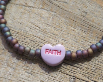 Rainbow-Purple with Purple Sweet Heart Faith Bracelet, Heart Bracelet, Stretch Bracelet