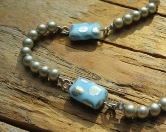 Sky Blue and Silver Polka Dotted Czech Glass Bead and Silver Acrylic Bead Necklace