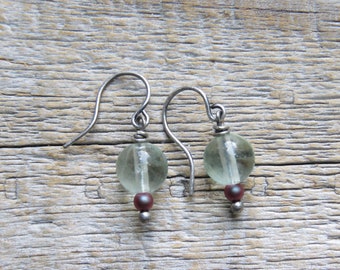 Green Fluorite and Iris Glass Pearl on Antiqued Silver Wire Hypo-Allergenic Earrings