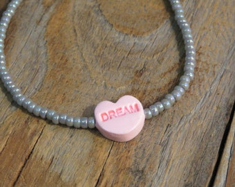 Iridescent Gray and Pink Sweet Heart Dream Bracelet, Heart Bracelet, Stretch Bracelet