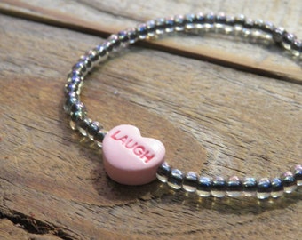 Glassy Peacock Beads and Pink Sweet Heart Laugh Bracelet, Heart Bracelet, Stretch Bracelet