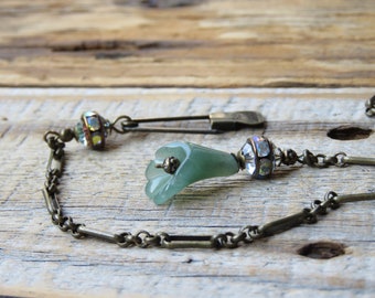 Aventurine Lily with Iridescent Crystals and Brass Chain and Pin Clasp Necklace