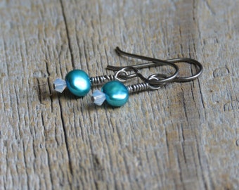 Turquoise Pearl and Milky White Crystal Earrings on Antiqued Silver Niobium Ear Wires