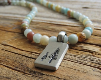 Rainbow Amazonite with Stainless Tree Charm Adjustable Necklace