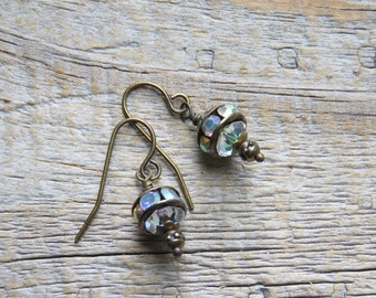 Iridescent Crystal and Brass Earrings, Sparkly Brass Earrings