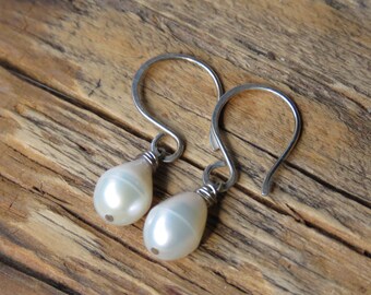 White Teardrop Pearl and Sterling Silver Earrings