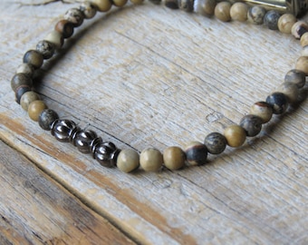 Brown and Tan Crazy Horse and Shiny Black Stretch Bracelet