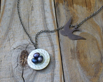 Creamy Mother of Pearl Nest with Blue Pearl Eggs and Bronze Bird Charm Necklace