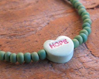Green Sweet Heart Hope Bracelet, Heart Bracelet, Stretch Bracelet