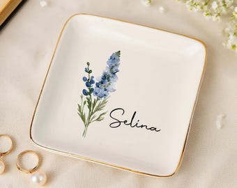 Personalized Birth Flower Jewelry Dish,Floral Name Trinket Dish,Wedding Bridesmaid Ring Dish,Jewelry Dish for Women,Christmas Gift for Her