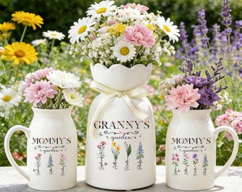Omas Garten Blumenvase, personalisierte Geburtsblumenvase, benutzerdefinierte Familiennamen Vase, Geschenke für Mutter Oma, Geburtsmonat Blumengeschenke