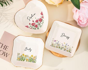 Personalized Birth Flower Ring Dish With Name,Jewelry Dish,Wedding Bridesmaid Gift,Birthday Party Gift,Flower Ring Dish,Birthday Gift