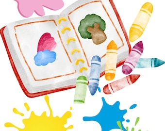 May include: A watercolor-style coloring book cover with the title "COLORING BOOK - 1". The cover features an open book with drawings of a tree and a cloud, surrounded by colorful crayons and paint splatters. The text "School Supplies, Animals, Flowers, Fruits & Vegetables" is also present.